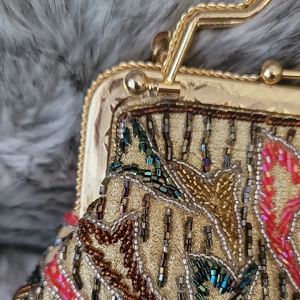 Gold and Multicolor Beaded  Women's Clutch With Crossbody Chain